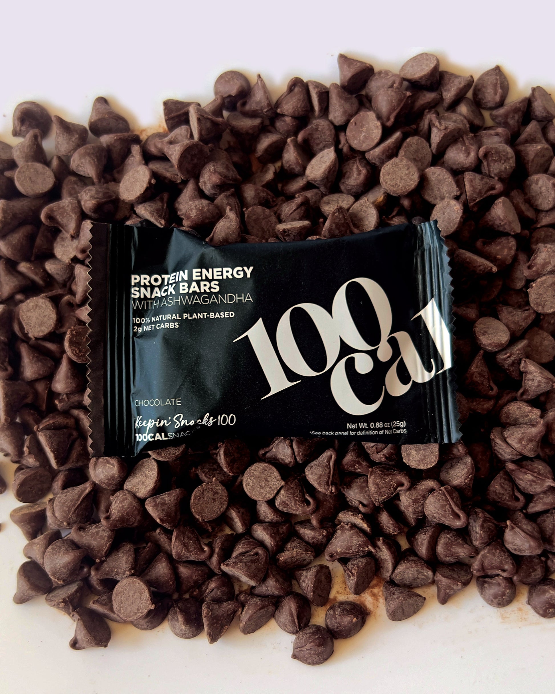 Protein Bars 100 Calorie Healthy Snacks Ashwagandha Calming Bar On A Pile Of Chocolate Chips